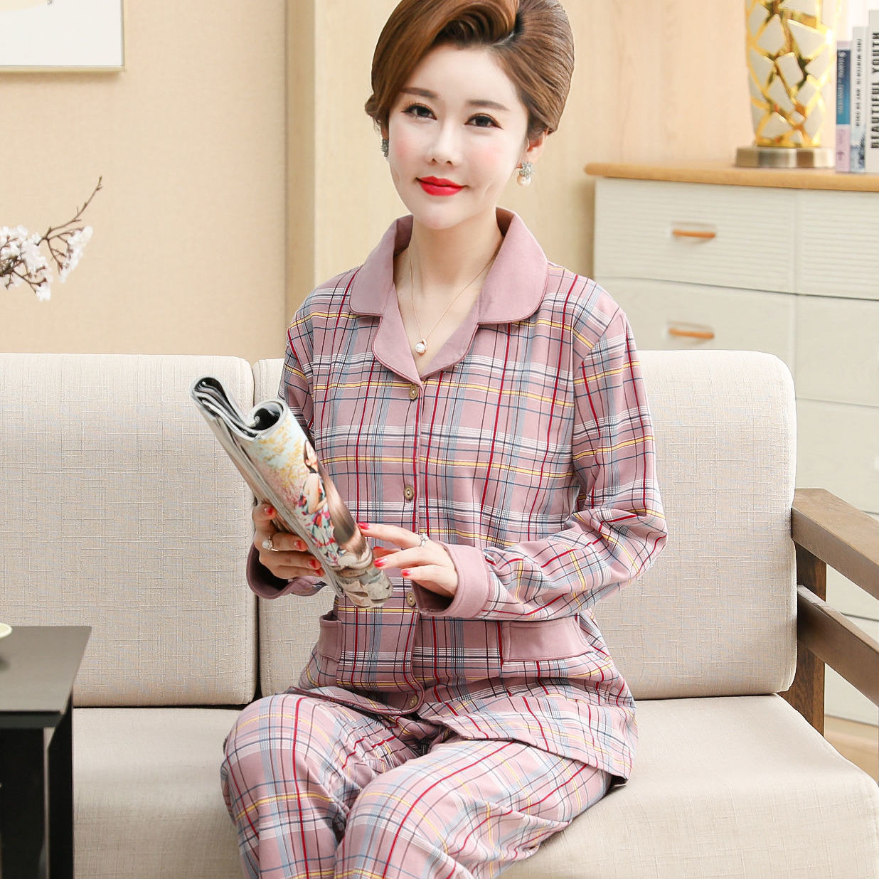 Primavera y otoño 100% pijamas de algodón de manga larga de las mujeres más el tamaño cardigan traje de mediana edad y ancianos ropa de casa de invierno