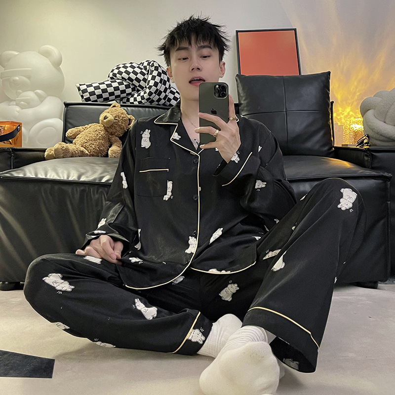 Pijamas de hombre primavera y otoño pantalones de manga larga de seda de hielo 2023 Nueva talla grande más tamaño ropa de hogar de seda real verano e invierno