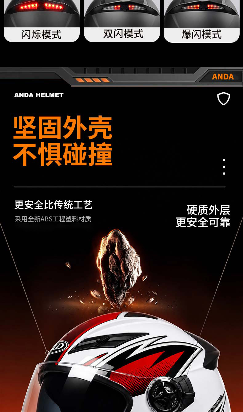 AD electric motorcycle helmet for men and women, 3C certified, three-quarter scooter helmet, all-season, with LED tail light, half helmet