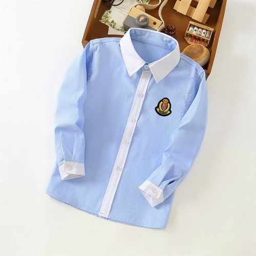 Children's blue school uniform, blue class uniform for kids, blue long-sleeved children's school uniform, blue primary school class uniform in blue.