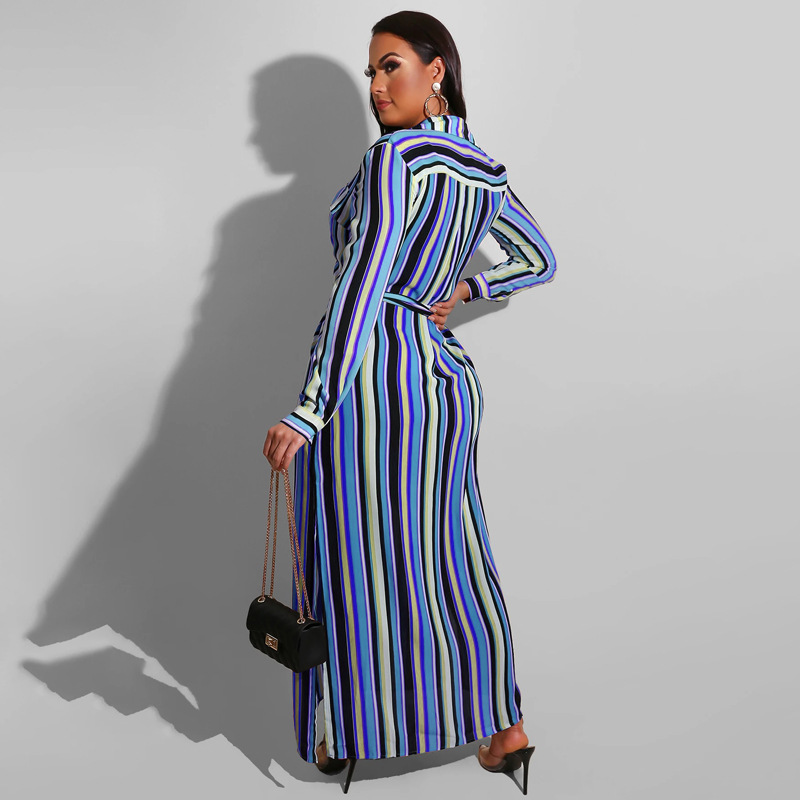 Shirt Dress Streetwear Turndown Belt Long Sleeve Stripe Maxi Long Dress Daily display picture 2