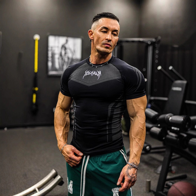 American Trendy Men's Tight-Fitting T-Shirt Jogger Export Bodysuit Youngla Training Sports Fitness Short-Sleeved Men