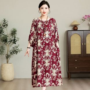 Summer New Northeast Big Flower Cloth Gown Chinese Ethnic Style Loose plus size Big Swing Slimming Side Pocket dress Women