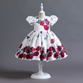 欧美跨境直供泡泡袖缎布花朵儿童女孩生日公主裙礼服连衣裙