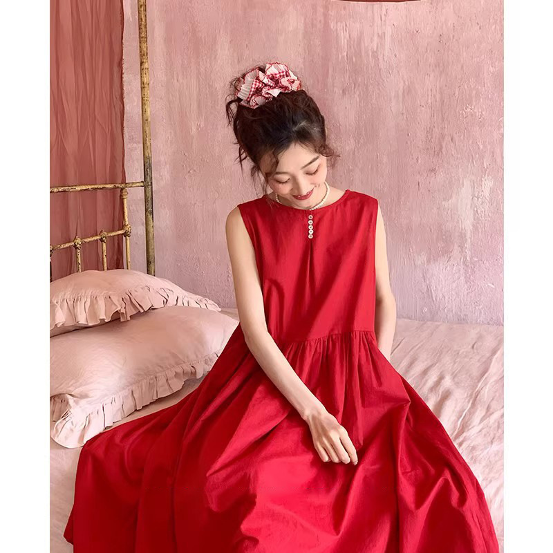 Vacation-Style Dress with Retro Red Lace-Up Design, Loose-Fitting Tank Dress, Long Dress, A-Line Dress That Flatters the Figure