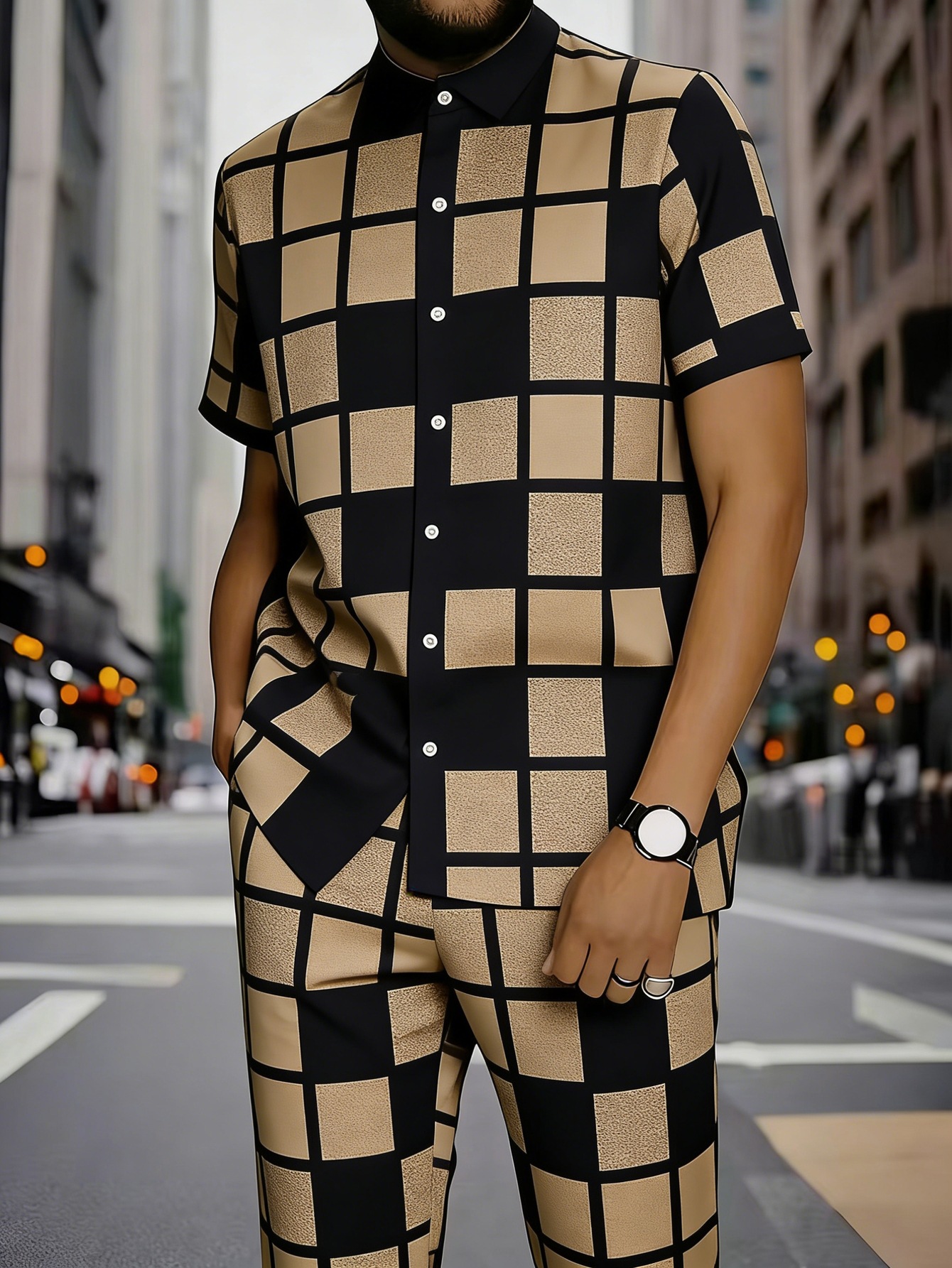 Men's Clothing Men's Commuter Style Short Sleeve Shirt And Shorts Set Collared Geometric Print Spring Summer_viptrois.com