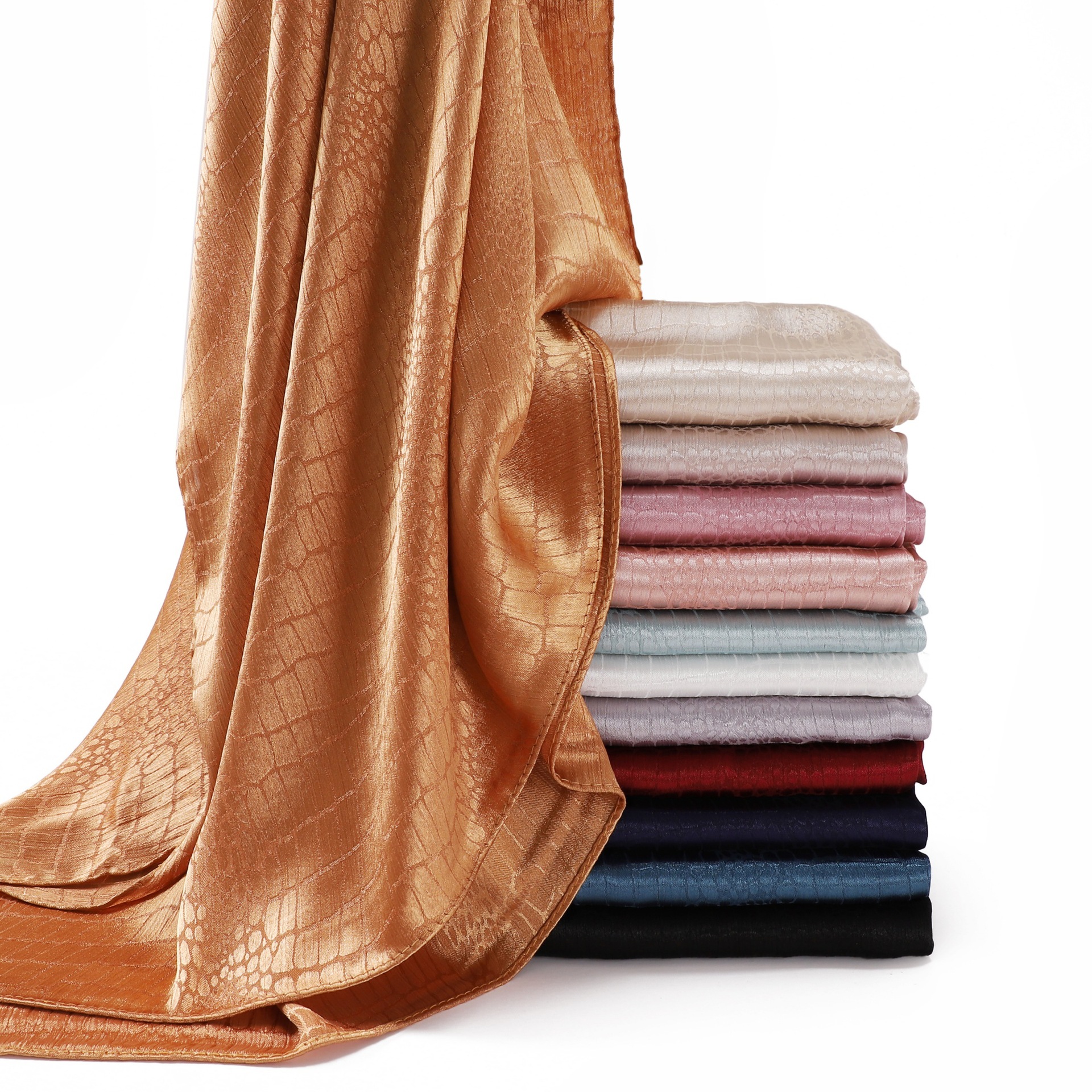 外贸女纯色缎面色丁提花大理石纹鳄鱼花纹长巾围巾柔顺垂感包头巾