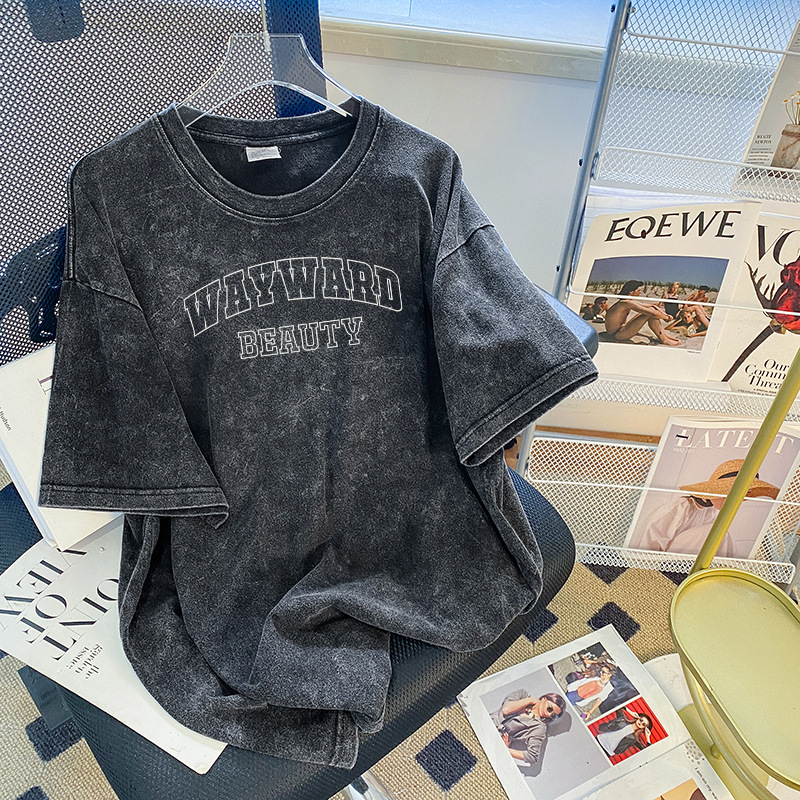 European and American Hiphop Old Trendy Brand Pure Cotton Short-Sleeved T-Shirt Women's Summer Loose 120kg Large Size Design Clothes