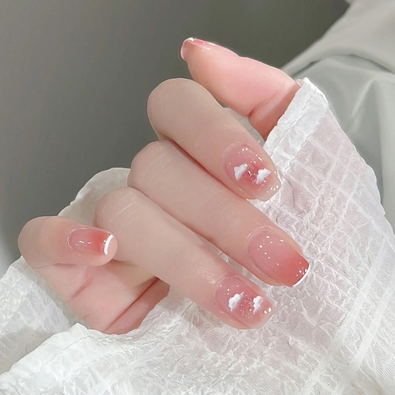 Summer hot style wear short white clouds white nail patch gradient blush nail paste tablets wholesale