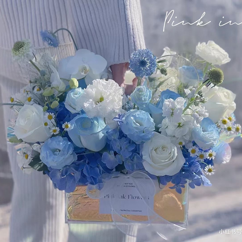 Caja de regalo de amor portátil de espejo personalizado al por mayor flores CD caja de flores de acrílico transparente caja de regalo de tapa de cesta de flores