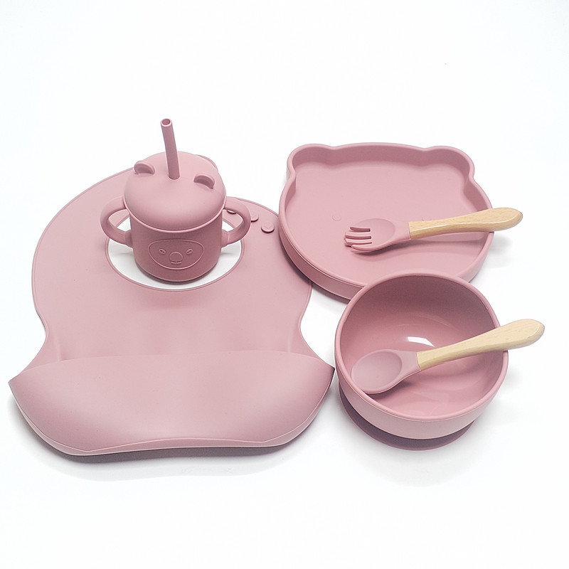 버건디 (리틀베어 1칸 실리콘 접시 + 어린이 그릇 + 턱받이 + 컵 + 나무 손잡이 + 스푼 + 포크)