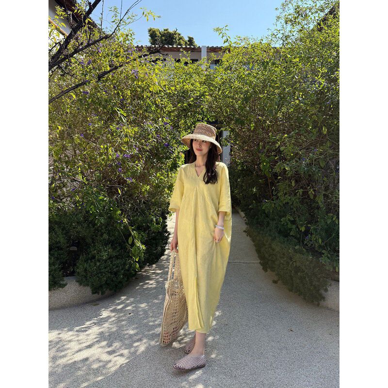 61097 # Yang Xiaoyao Midsummer Dress Full Linen Long Dress V-Neck Elegant Dress Women's Summer Style European Fashion Outfit