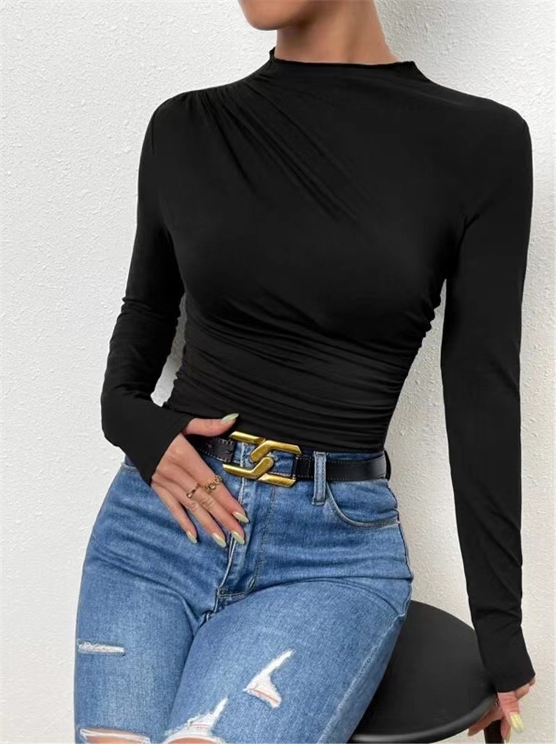 Women's Slim Fit Long Sleeve T-shirt With Round Neck Solid Colour_voghion.com