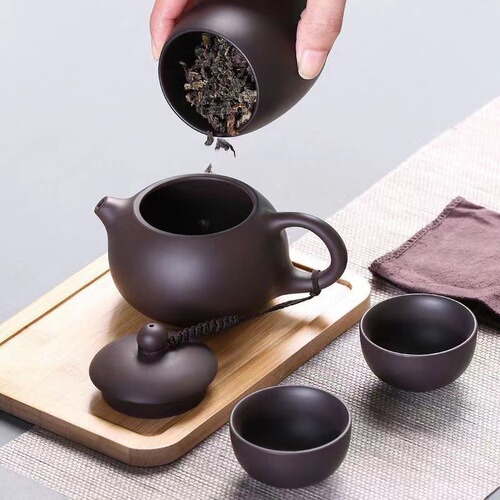 Portable Bag for Zisha Travel Tea Set - 1 Pot, 4 Cups, Quick Cup Car Travel Gongfu Ceramic Teapot