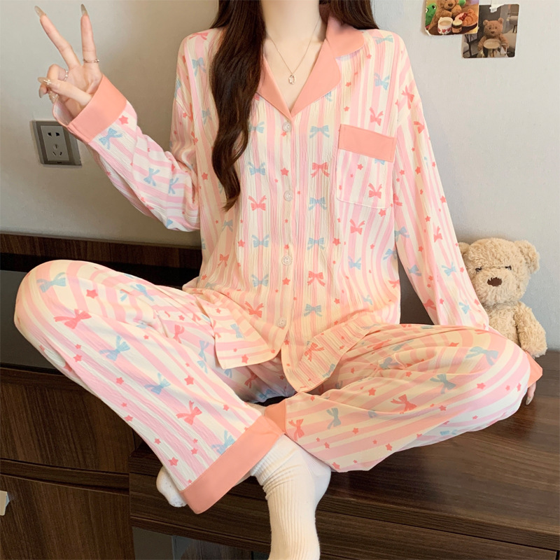 可爱少女睡衣蝴蝶结满印撞色春秋款长袖长裤甜美套装家居服可外穿