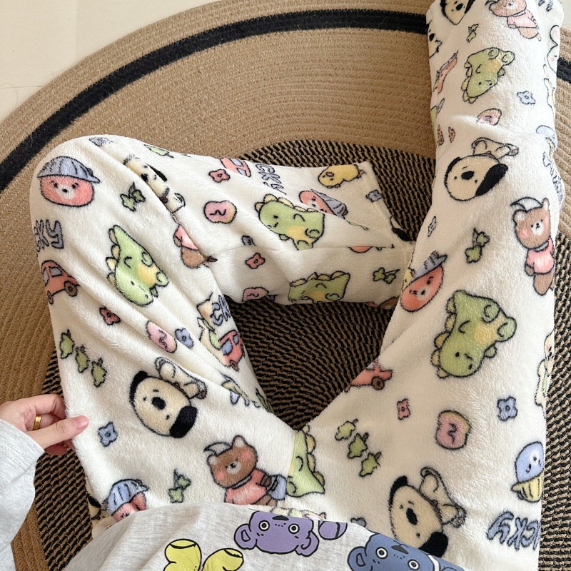 Pantalones de pijama de franela de dibujos animados de otoño y invierno para mujeres con pantalones de lana de coral caliente para estudiantes de lana de invierno para el hogar