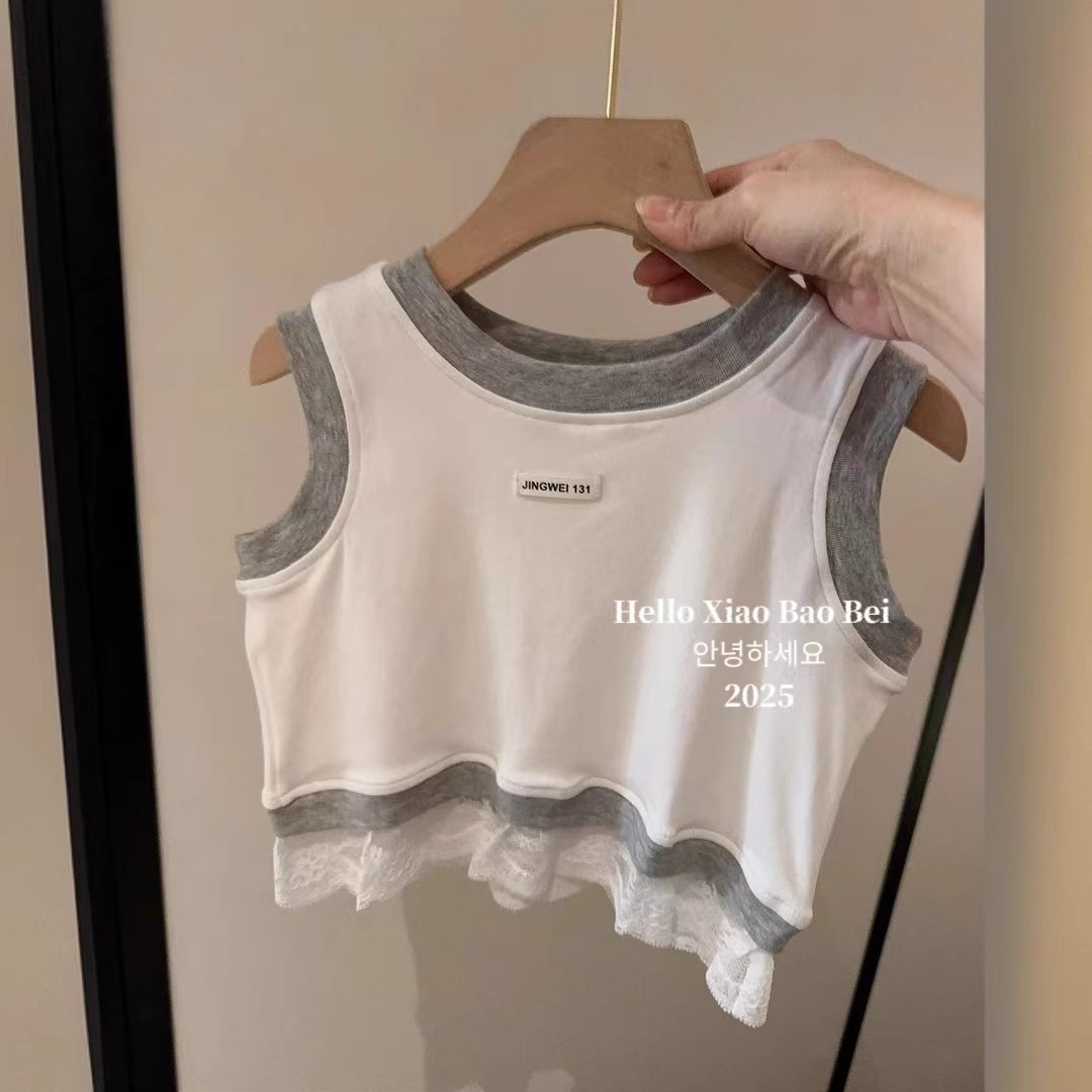 Ropa para niños coreanos 2025 primavera y verano camiseta para niñas costura de moda chaleco de encaje casual tendencia deportiva de estilo occidental para niños