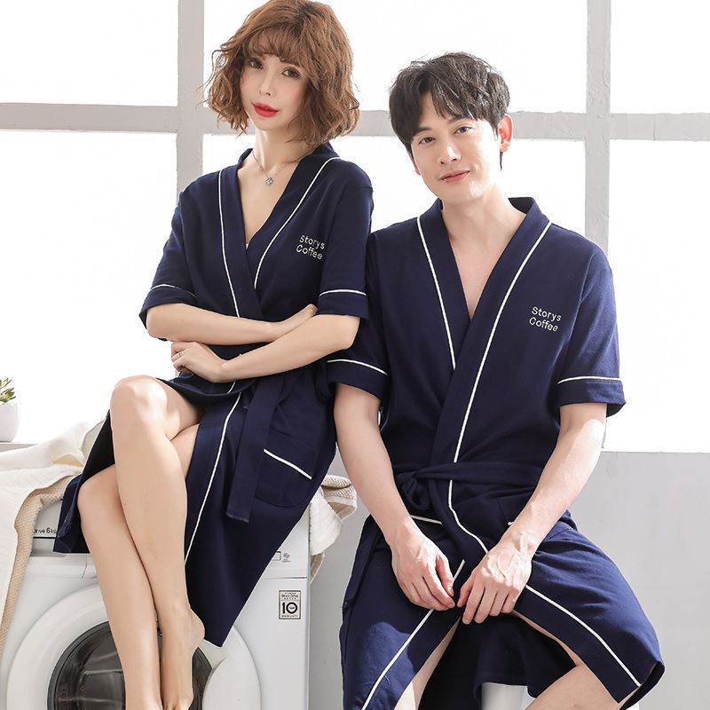 Couple Spring and Summer Nightgown 100% Cotton Short-Sleeved Fashionable Sexy Long Bathrobe Women's Cotton Men's Pajamas Comfortable