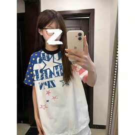 【220g纯棉】+后包 袖子双印花撞色拼接宽松短袖T恤女