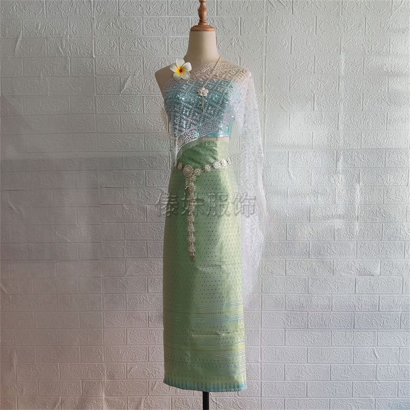 A3 five-piece light green skirt set with shawl that does not shed powder