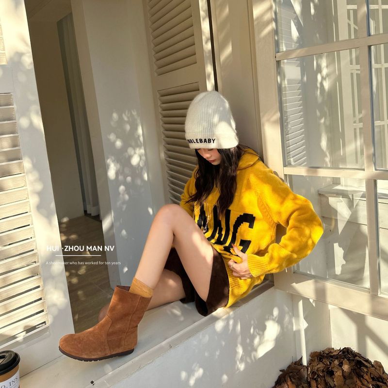 真皮复古磨砂皮短靴女秋冬2025新款软底翻毛皮勃肯两穿平底马丁靴|undefined