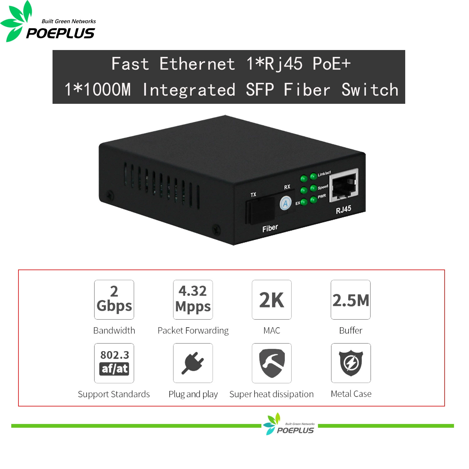 1 оптический 1 Гигабитный интегрированный Мо модуль волоконно-оптический коммутатор POE, одномодовый один волокна/двойной волокна опционально MAX20KM