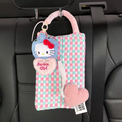 Car Tissue Box, Cute Kt: Car tissue box/set - elephant-hat-pink-heart-little-blue-cat-heart-pink-green-checkered-bag