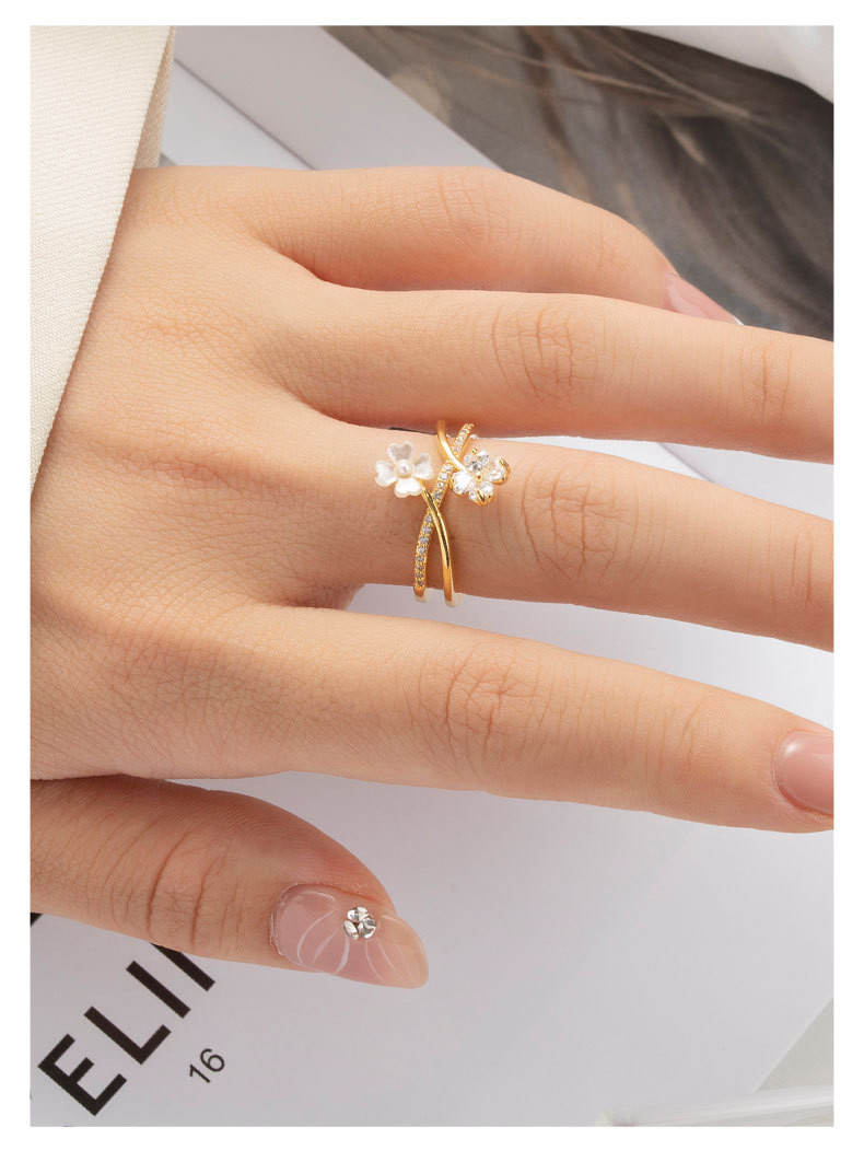 跨境时尚复古双排小花朵开口戒小众轻奢高级感食指戒新