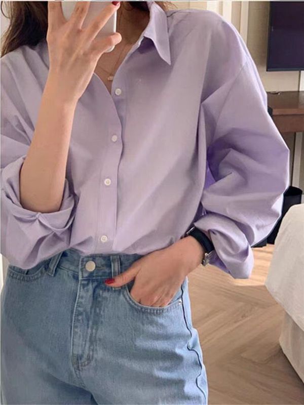 淡紫色气质衬衫女高级感轻奢上衣2025春秋季新款纯棉宽松长袖衬衣|undefined