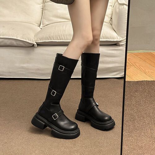 Matched with a skirt, fashionable, knee-high boots, 2025 new style retro Martin boots, women's belt buckle, slimming long boots