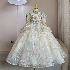 儿童小主持人舞台演出服2026新款重工香槟色蓬蓬纱裙女童走秀礼服
