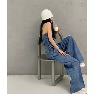 Vintage Denim Jumpsuit For Women - High-Waisted Flared Romper With Stretch, Off-Shoulder Boob Tube Design_ecoleips.com