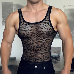 Cross-Border American-Style Men's Lace Sports Vest, Lightweight, Breathable, Base Layer, Nightclub Sexy Sleeveless, Foreign Trade Export Supply
