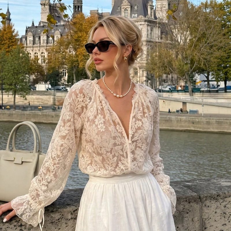 European and American women's clothing, stand-up collar, wavy edge lace shirt, floral hollow embroidery, slightly sheer, elegant top with tie cuffs