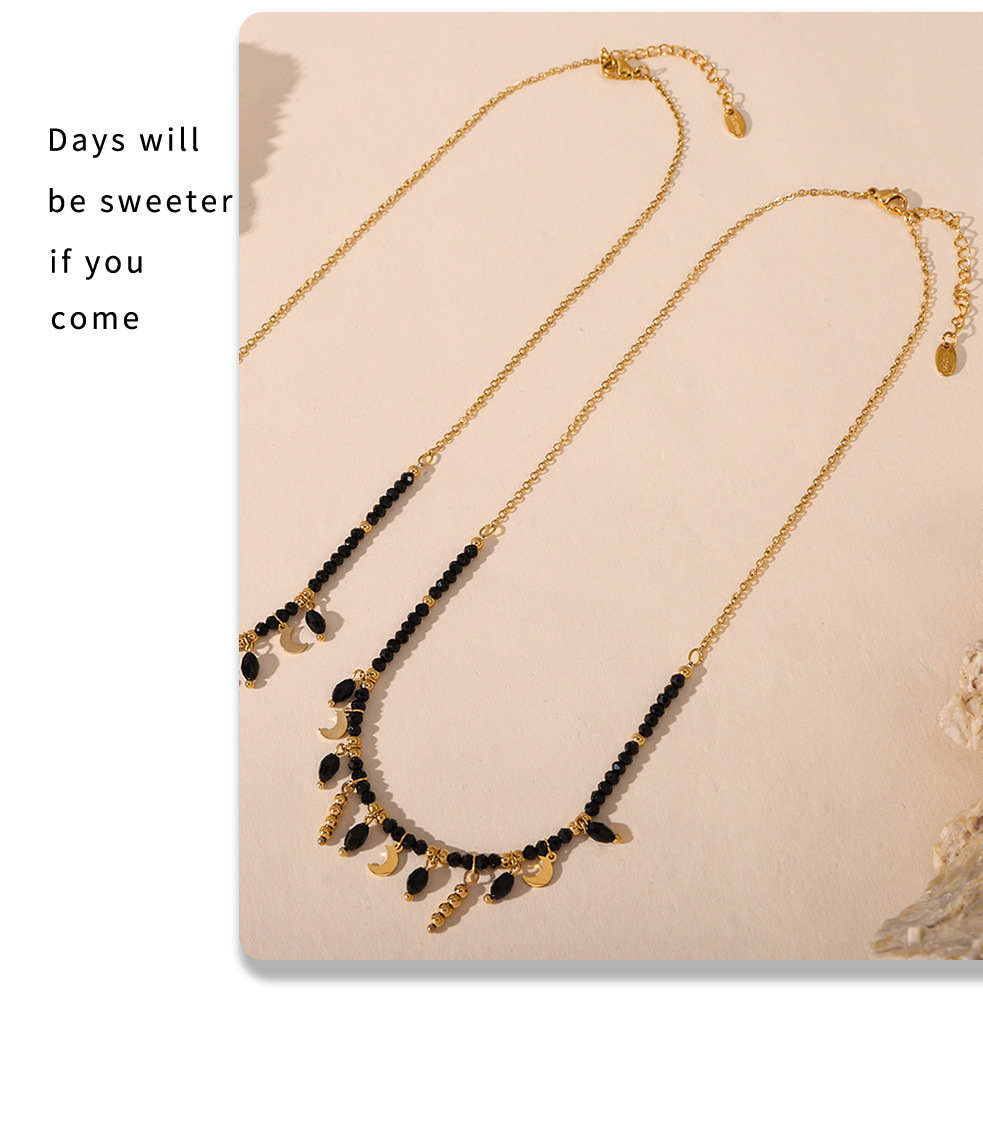 Sugar Cube Retro Temperament Black Crystal Moon Tassel Pendant Clavicle Necklace Stainless Steel Dark Queen Jewelry_voghion.com