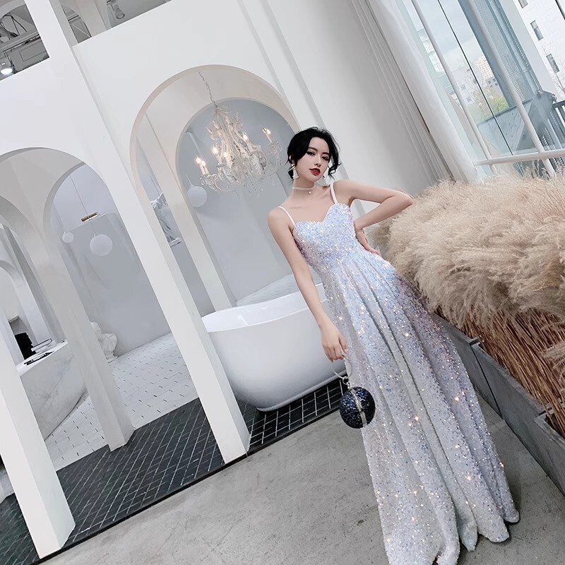 White Temperament Long Birthday Evening Dress Hostess Student Condole Sequins Party Annual Meeting dress