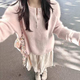 韩系温柔软糯圆领粉色毛衣女冬季新款慵懒风高级感甜美针织衫上衣