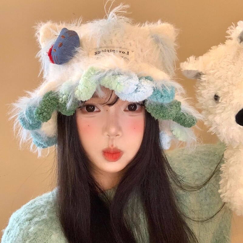 可爱卡通猫耳朵毛绒针织帽女秋秋冬季显脸小毛线帽大头围保暖帽子|undefined