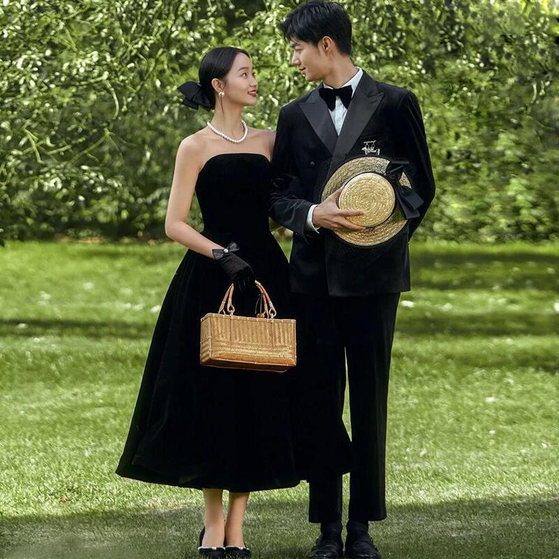 French Black Retro Hepburn Style Strapless Wedding Dress Engagement Evening Dress Couple Portrait Art Photo Mid-Length Dress