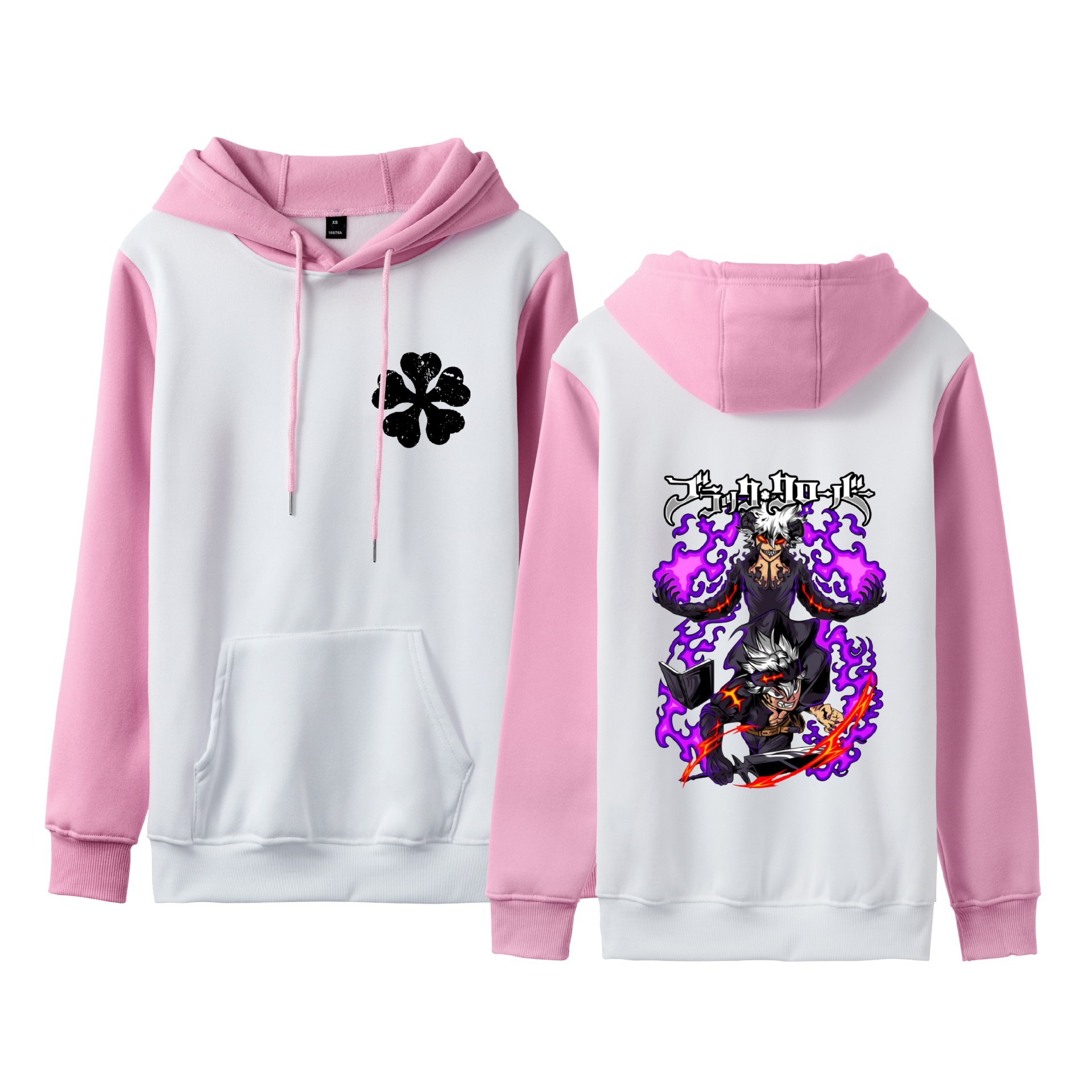 Trébol de cuatro hojas negro Black Clover suéter de pareja de talla grande para hombres y mujeres sudadera con capucha de contraste con capucha