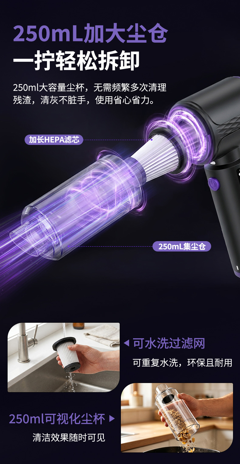 Car vacuum cleaner with brushless motor, high suction power, integrated blowing and suction, wireless car-specific vacuum cleaner, factory customized
