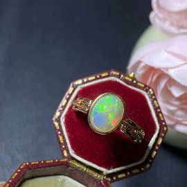 网红直播热卖天然欧泊戒指女晶体干净火彩爆闪精工镶嵌活口可调节