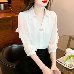 夏の新スタイル多用途ポロカラーカジュアルシャツ女性の夏のファッション七分袖シャツトップ