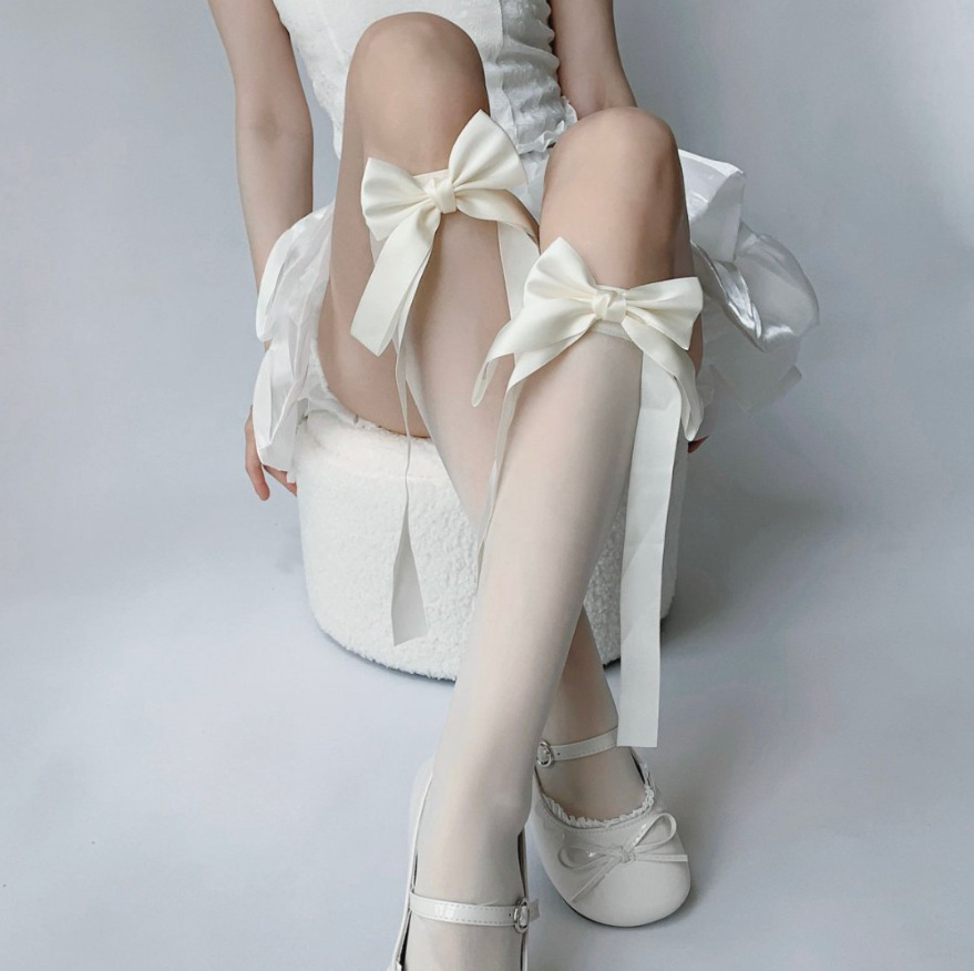 洛丽塔学生丝袜纯欲小腿绑带蝴蝶结连裤袜女春夏天鹅绒防脱白丝