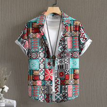 男士短袖衬衫时尚印花男式衬衣夏季男装海滩休闲衬衫