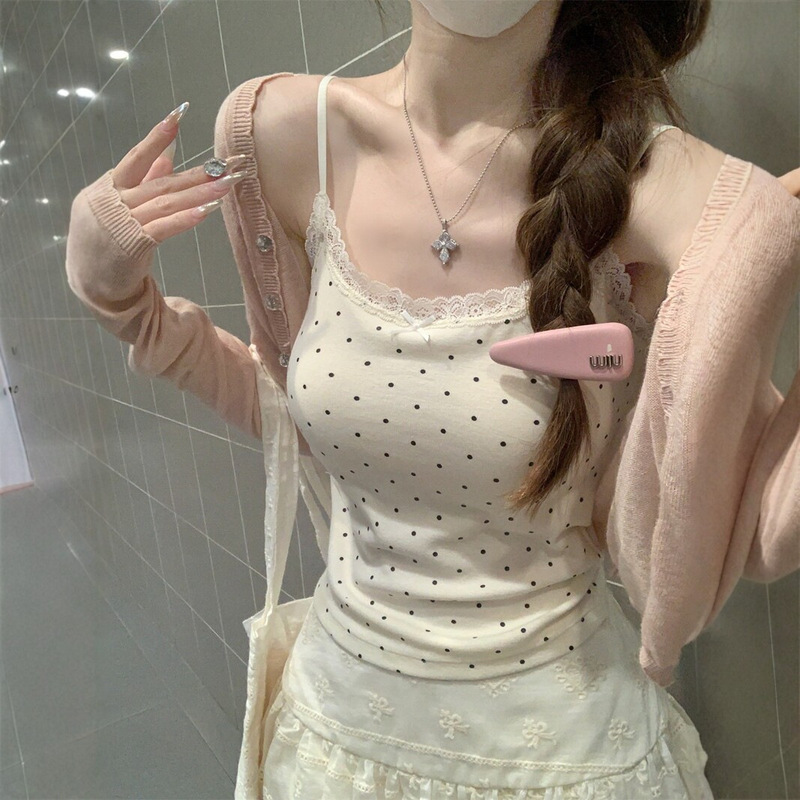 【210g 40-count fine cotton】Purely sweet and charming polka dot print lace camisole for women, summer slim-fit top 【210g 40-count fine cotton】Purely sweet and charming polka dot print lace camisole for women, summer slim-fit top