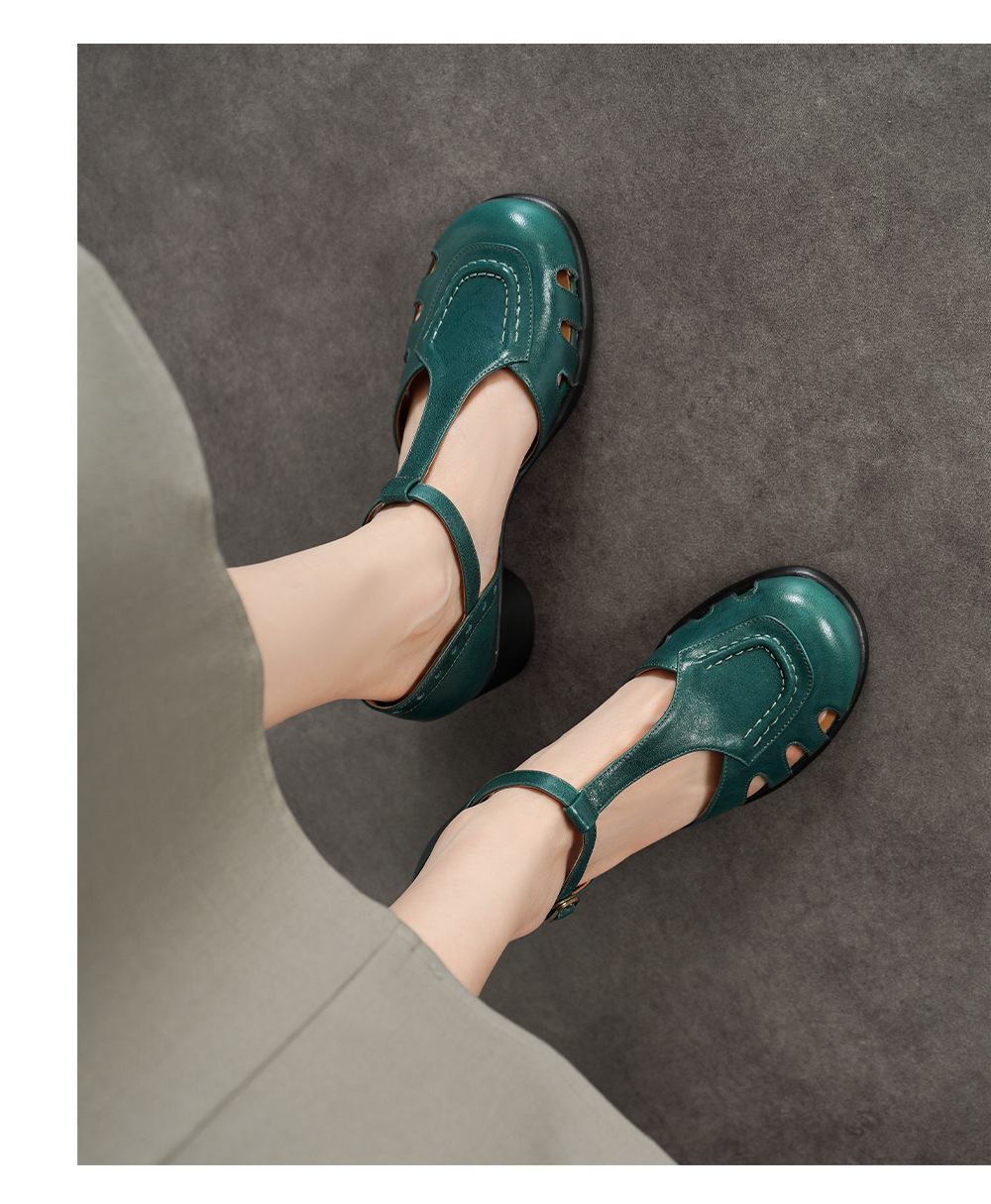 Sandal cao gót nữ mũi nhọn quai ngang khóa T, gót 5 cm, da bò thật — đen chi tiết 6