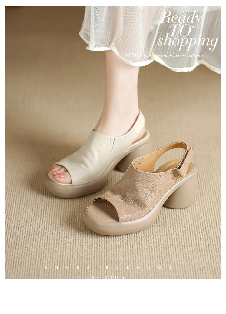 Sandal nữ cao gót mũi hở da cừu quai một từ khóa — màu trắng ngà chi tiết 1