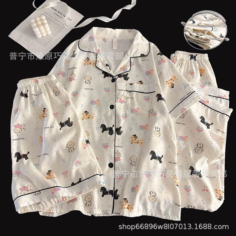 Hermosos pijamas de tela de rabu mujeres primavera y otoño verano nubes de algodón dulce mangas cortas pantalones cortos de tres piezas ropa para el hogar