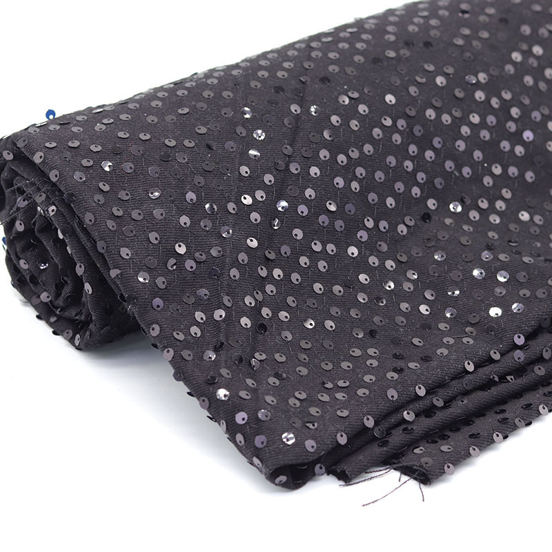 Black Sequin Embroidered Yarn Card Cotton Denim Fabric Clothing Fabric Outwear Vest Skirt Fabric
